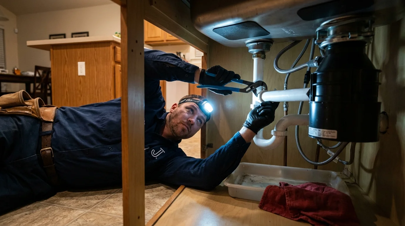 P-trap and supply line connections under a kitchen sink showing a common leak point in Verona, VA